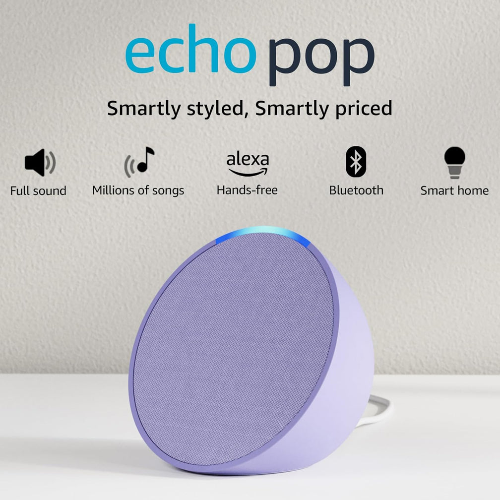 Amazon Echo Pop| Smart speaker with Alexa and Bluetooth| Loud sound, balanced bass, crisp vocals| Purple