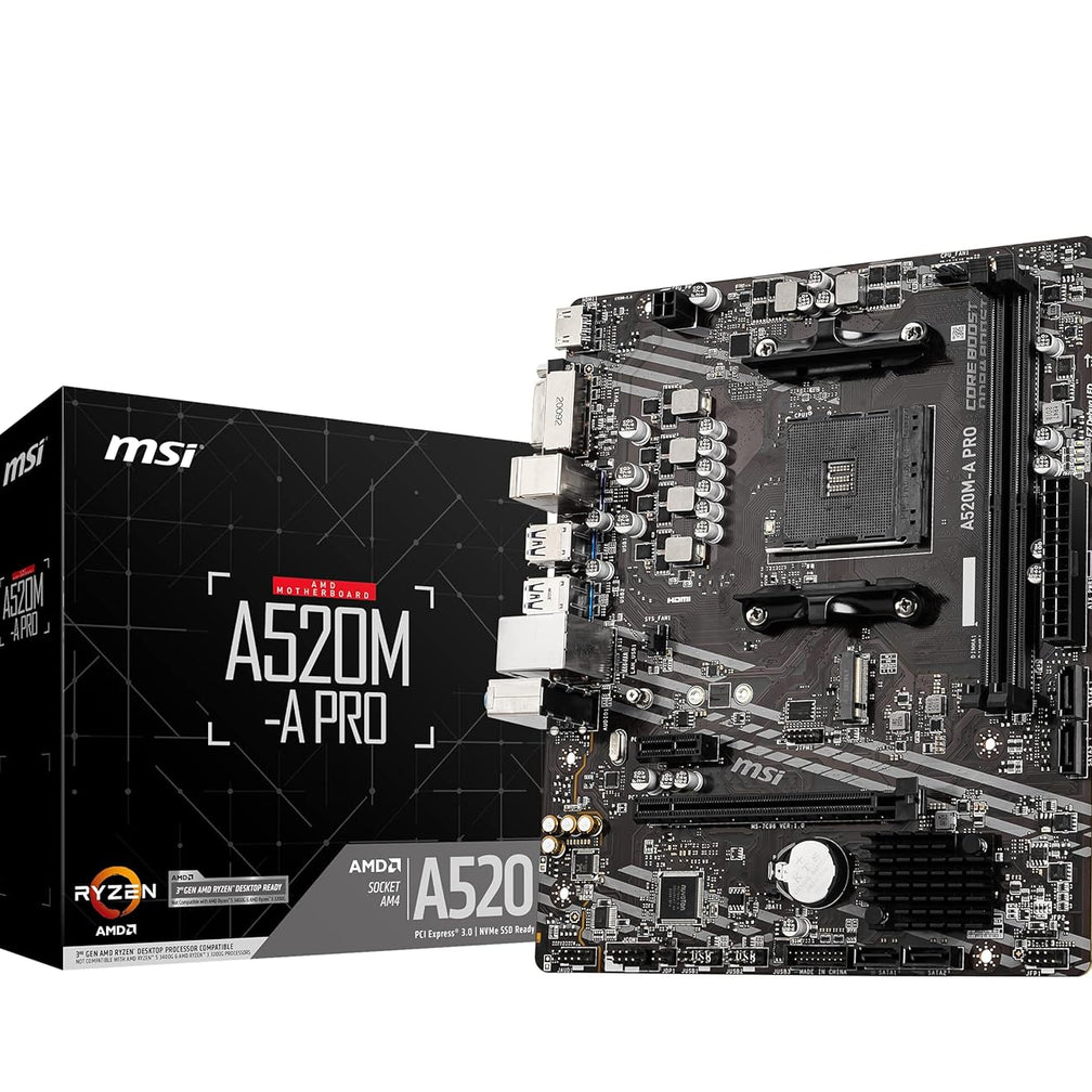 MSI A520M-A PRO Motherboard (AMD Ryzen 3000 3rd Gen AM4, DDR4, M.2, USB 3.2 Gen 1, HDMI, Micro ATX)